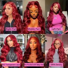 30 Inch 99J Burgundy Lace Frontal Wig 13x4 Body Wave Lace Front Wig HD Transparent Lace Frontal Wig Human Hair Pre Plucked 99j Red Color 200% Density - S99J - 查看 6