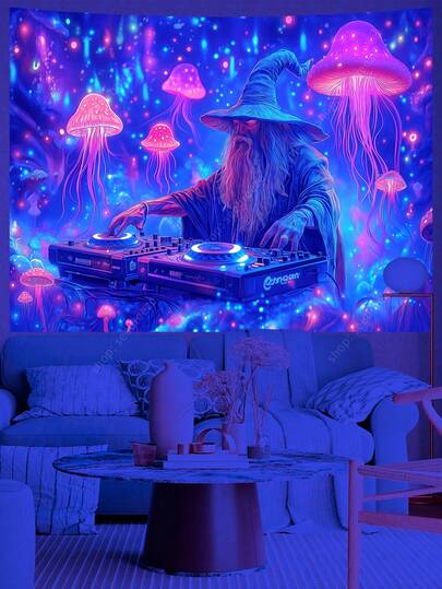 Fantasy Wizard DJ UV Reaktywna Gobelin Neon Grzyb Las Świecący Dźwięk Fala Ścienna Żywy Wystrój Boho Sypialnia Studio Rave Miłośnik Muzyki Wciągające Światło Magia