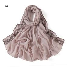 1pc Women's Four-Leaf Clover Embroidered Lace Trim Voile Scarf, Lightweight & Breathable Malaysian/Indonesian Head Wrap - Multicolor - View 19