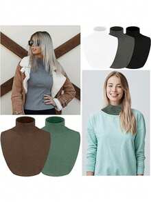 Awegeo 5Pcs Women's Detachable Mock Turtleneck Dickey Collar - Solid-Stripe Knit Convertible Layering Piece For Sweaters & Hoodies, All-Season Adjustable Neckline Cover Accessory For Dress For Christmas Decor