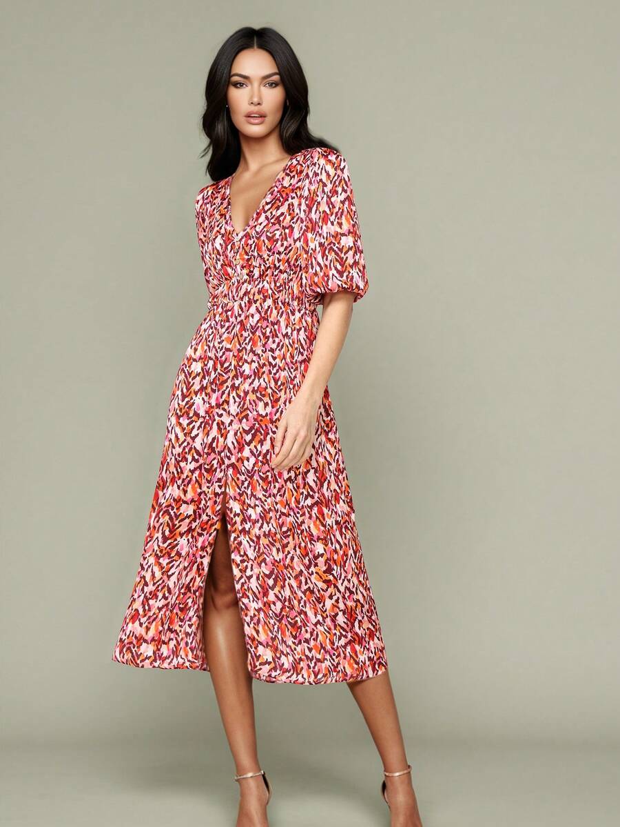 Europa i Stany Zjednoczone Francuskie retro nadruki bufiaste rękawy głęboki dekolt w serek wysoki otwarty rozporek seksowna sukienka średniej długości bez nogawek wiosna i lato nowe lekkie i wygodne sukienki w stylu boho