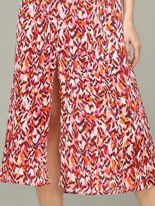 Europa i Stany Zjednoczone Francuskie retro nadruki bufiaste rękawy głęboki dekolt w serek wysoki otwarty rozporek seksowna sukienka średniej długości bez nogawek wiosna i lato nowe lekkie i wygodne sukienki w stylu boho