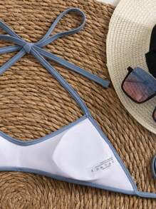 Patchwork Contrasting Color Trim Bowknot Bikini Set