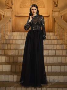 Black Sequin High Neck Puff Sleeves Mesh Skirt Prom Dress, Modest
