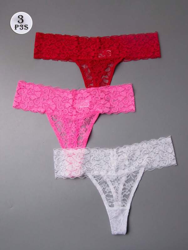 3 Packs Sexy Women'S Lace G-String Panties, 90% Polyamide 10% Spandex, Thin T-Back Bikini Thongs, Knit Fabric, Solid Color, Drop Waist, 165gsm Lightweight Lingerie