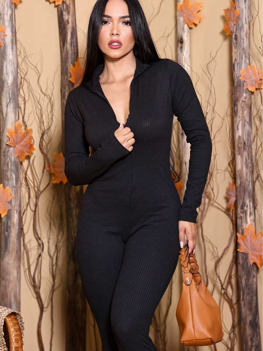 Women's Long Sleeve Ribbed Jumpsuit Virginia Moda Gringa Blogger With Front Zipper And Belt Not Included - Negro - Ver 1