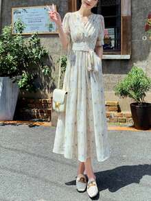 Vestido Casual Dama Largos De Manga Corta De Floral Con Cuello En V ,  Vestidos Elegantes Largos Dama De Manga Corta De Floral De moda de versátil ,   Vestidos largos Dama De Manga Corta De Moda De Floral Para Fiesta - Azul y blanco - Ver 3