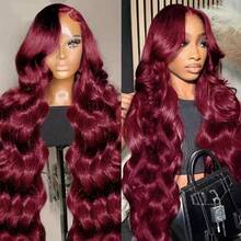 30 Inch 99J Burgundy Lace Frontal Wig 13x4 Body Wave Lace Front Wig HD Transparent Lace Frontal Wig Human Hair Pre Plucked 99j Red Color 200% Density - S99J - 查看 5