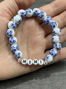 1PC Elegante 8mm Feito à Mão Azul e Branco Porcelana Stretch Pulseira de Contas, Presente de Aniversário, Presente de Aniversário, Presente para Nana/Mimi/MaMa/Vovó