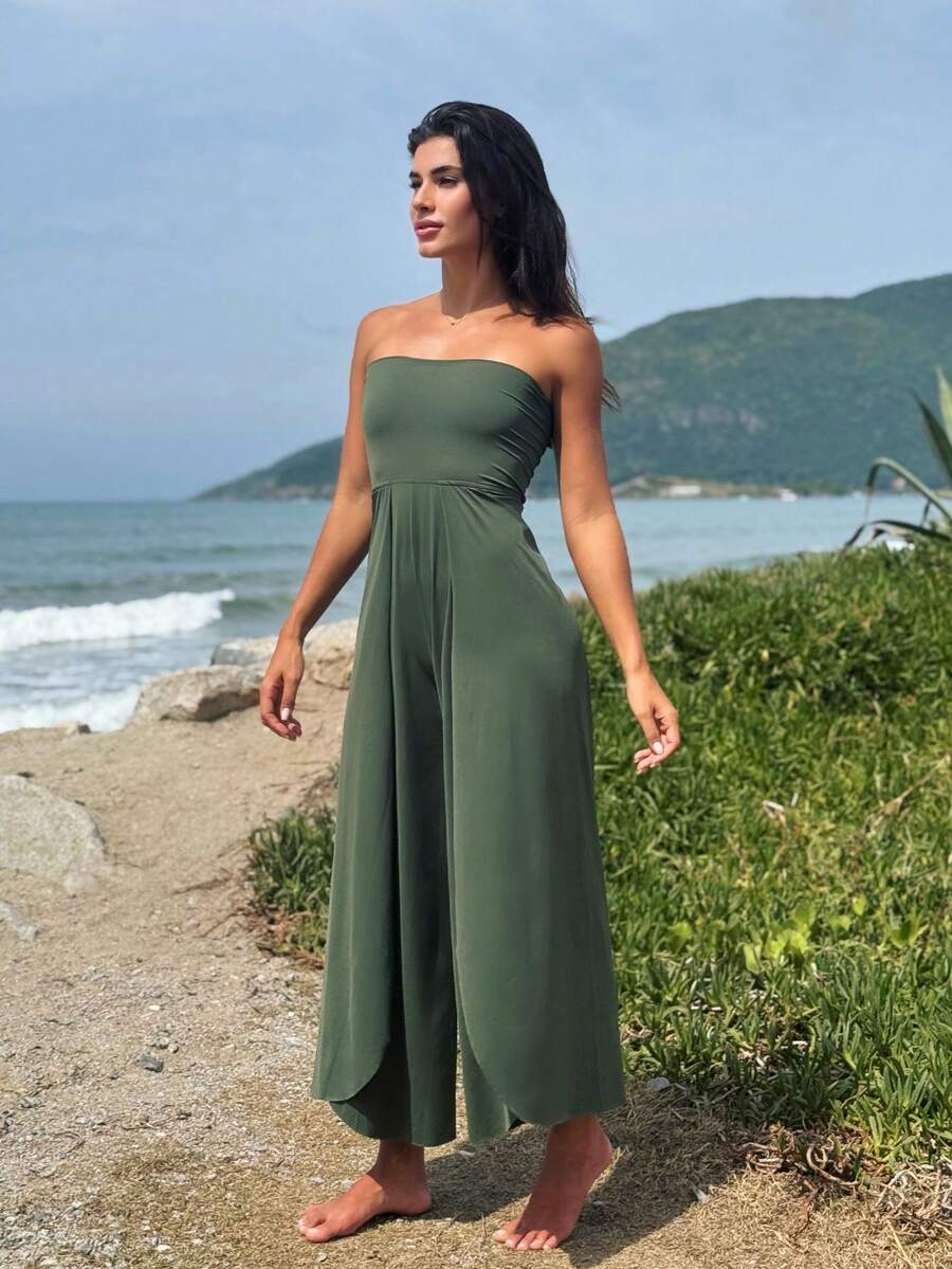 Beach Cover-Up Pants Jumpsuit - Army Green - View 1