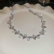 Andkiss 1pc Rhinestone Pearl Square Heart Necklace - Silver - View 4