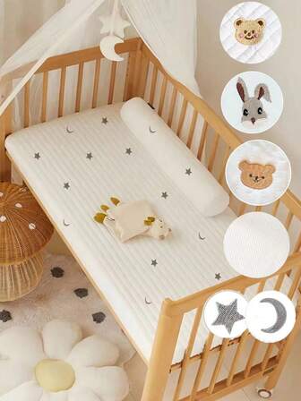 1 st. quiltat spjälsängslakan med mönster av björn och mån, lämpligt för hem och resor, höst/vinter (39,37*23,62) tum, (47,24*23,62) tum, (51,96*28,34) tum