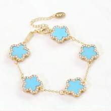 1pc Clover Shaped Rhinestone Decor Elegant Bracelet, Fashionable Dual-Sided Mother Of Pearl Flower Bracelet, Multiple Colors Available For Women