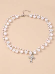 1pc Creative Double-Layer Pearl Cross Necklace, For Daily Wear - Silver - View 10