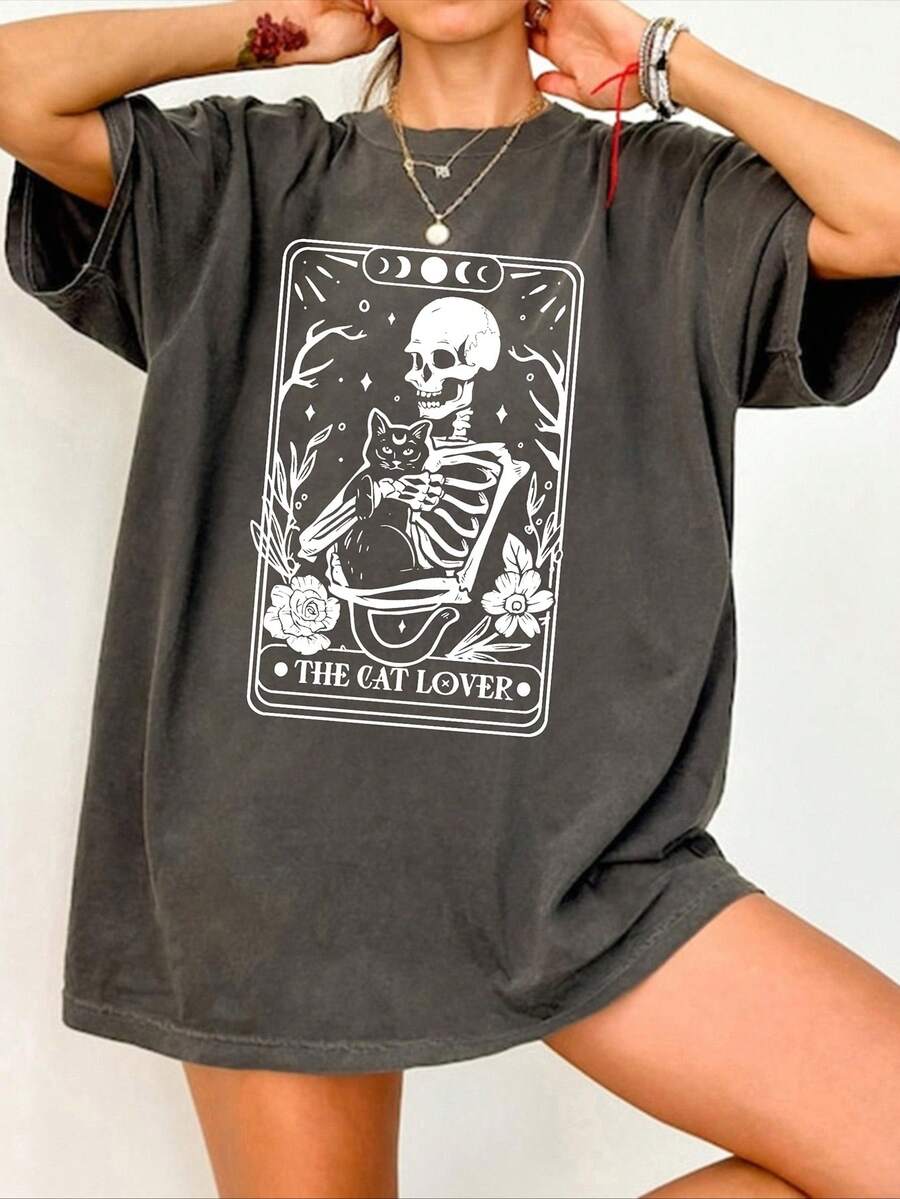 女士休闲短袖圆领大码 T 恤 - 深灰色 - 查看 1