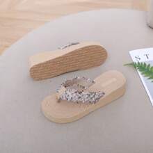 Women Elegant Beige Sandals With Woven Strap - Non-Slip EVA Sole, Mid Heel Thick Bottom, Fashion Outdoor Slippers, Casual Woven Sandals, Elegant Footwear For Summer