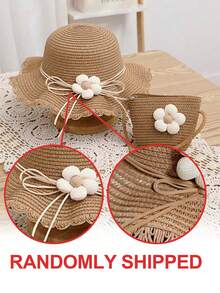 1set Girls Wide Brim Straw Hat & Bag Set, Perfect For Sun Ion And Traveling With Family, Spring/Summer - Khaki - View 5