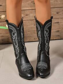Women's Embroidered Chunky Heel Cowboy Boots, Fashion Party Western Boots