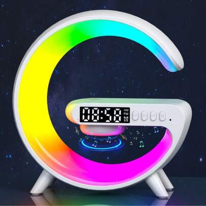 Bocina Escritorio Altavoz Bluetooth Con Lampara Led Inteligente Ritmica 10 Modos Ajustables Color De Luz Cargador Inalambrico Reloj Alarma Despertador Para Recamara Oficina Decoracion Hogar W9200-BLANCO