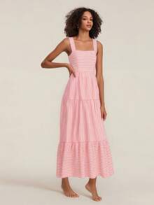 Women Summer Sleeveless Dress Casual Striped Print Ruffled A-Line Party Dress For Beach Club Streetwear - 紅色 - 查看 2