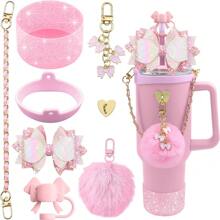Set de 8 piezas de accesorios brillantes para vasos de 30oz y 40oz, que incluye tapa con cubierta de silicona para pajilla, correa de manija para botella de agua, cadena de encanto, gancho con forma de corazón, funda para vaso, lazo decorativo para pajilla - Regalo ideal para el Día de San Valentín, Día de la Madre, útiles escolares