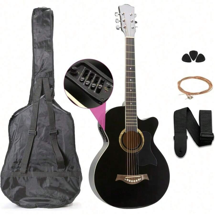 Guitarra Electroacústica con Bolso + Cinta + Púas + Cuerdas extras (Naranja) - Negro - Ver 1