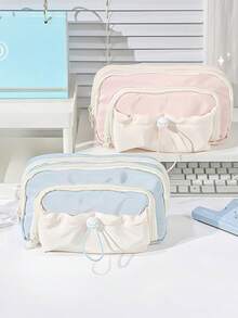 1pc Drawstring Pocket Pencil Case Pen Bag, Cute Cartoon Cream Color 5 Layer Large Capacity Storage Pouch, For Student Stationery School - Multicolor - View 1