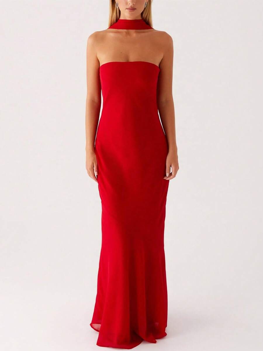 Womens Floral Strapless Dress Y2k Backless Sleeveless Tube Maxi Long Dresses Sexy Mesh Bodycon Summer Beachwear - 紅色 - 查看 1
