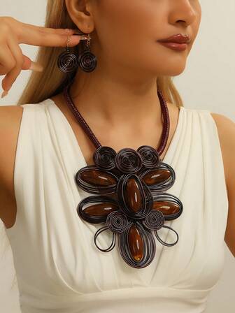 Exaggerated Multi-Layer Handmade Beaded Aluminum Wire Leather Woven Bohemian European And American Middle Eastern European Korean Version Evening Party Holiday Women Aluminum Wire Acrylic Necklace Earrings