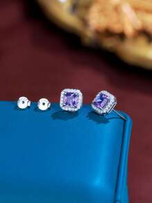 1 Pair 925 Sterling Silver Purple Amethyst Cubic Zirconia Square Stud Earrings For Women, Fine Jewelry Wedding Bridal Party Accessories, Holiday Gift