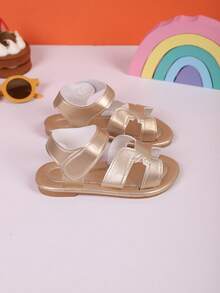 1 Pair Of Baby Flat Leather Sandals, Solid Color, Stylish Minimalist Design, Round Toe, Open Toe, Cute Roman Style, Suitable For 3-12 Years Old, Suitable For Leisure, Beach, Summer - Champagne - View 5