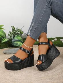 Sandalias de cuña con suela gruesa y estilo de moda para mujer de talla grande, con correa ajustable, Top cómoda, punta abierta, adecuadas para uso diario, vacaciones, fiestas, combinan bien con faldas y pantalones - Negro - Ver 2