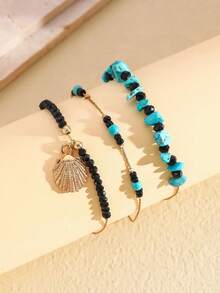 3pcs Summer Beach Holiday Shell & Turquoise Anklet Set - Multicolor - View 2