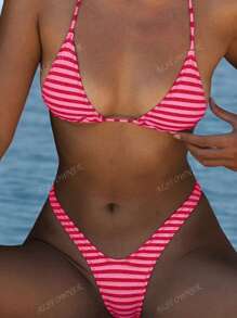 Women Vacation Stripe Printed Basic Swimwear For Summer Days From Poolside To Beachside, Everyday Mini Triangle Cheeky Bikini Beachwear