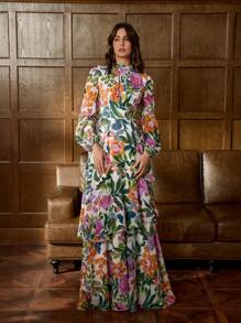Elegant Vibrant Floral Print Maxi Gown With Fruit & Floral Motif - Lightweight Chiffon Fabric For Luxury Banquets, Red Carpet Events & Elegant Receptions,Party Dress,Formal,Evening,Wedding Guest