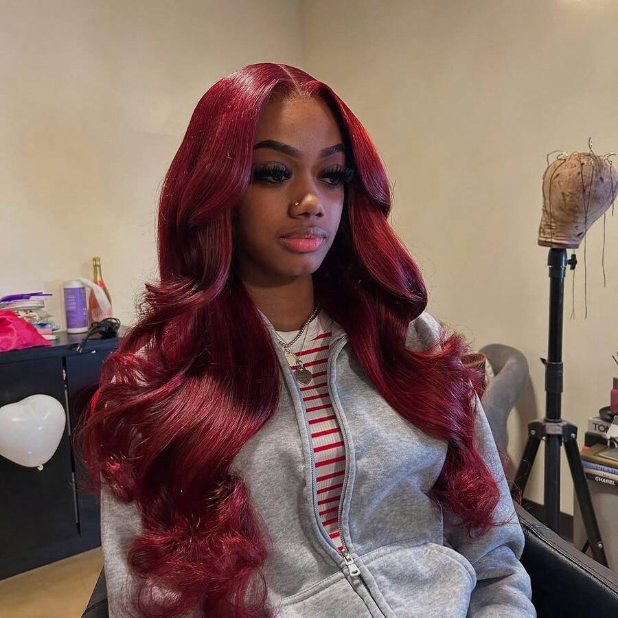30 Inch 99J Burgundy Lace Frontal Wig 13x4 Body Wave Lace Front Wig HD Transparent Lace Frontal Wig Human Hair Pre Plucked 99j Red Color 200% Density - S99J - 查看 1