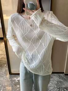 Suéter casual de cuello redondo de unicolor con recortes para mujer - Blanco - Ver 7