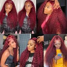 28 Inch 99j Burgundy Lace Front Wigs Human Hair  Deep Wave Lace Front Wigs Human Hair Pre Plucked Red Curly Human Hair Wig 13x4 HD Colored Frontal Glueless Wet And Wavy Loose Deep Wave - S99J - View 8