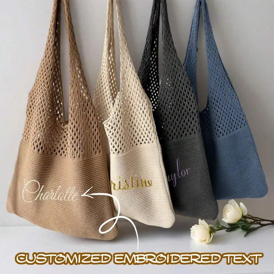 1 buc. Geantă de plajă croșetată, personalizată, brodată, în stil boho, la modă - Geantă de umăr tricotată în culoare solidă, mai multe culori disponibile, cu design de plasă, geantă croșetată, geantă de umăr cu capacitate mare, portofel de plajă, geantă de vară împletită cu goluri pentru femei, geantă de umăr, geantă împletită, geantă tote de capacitate mare pentru vară, geantă împletită tricotată multicoloră, geantă tricotată vintage simplă cu goluri, cumpărături pentru geantă din fire, ideală pentru vacanța de vară și utilizarea zilnică, esențială pentru călătorii, perfectă pentru decorarea ținutei și fotografie, universală, capacitate mare, versatilă, multifuncțională, colorată, drăguță, adorabilă, contractată, amuzantă, kawaii, y2k, minimalistă, navetă, business casual, de bază, personalizată, unică, personalizată, cadouri ideale pentru el, cadouri ideale pentru ea, familia, prietenii, prietena, pentru aniversări, pentru zile de naștere, pentru sărbători/vacanțe, pentru activități