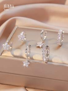 Hihho 6 件闪亮 Cz 宝石镶嵌花朵吊坠耳环和环形耳环套装，奢华珠宝礼物情人节、妈妈、母亲、母亲节、礼物