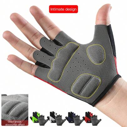 Vilico 1 Pair Of Red Navy Blue White Green Short Finger Gloves,Gym Half Finger Gloves,Outdoor Sports Style Men'S And Women'S Gloves,Thick Shock-Absorbing And Anti Slip Palm Pad Gloves,Breathable And Wear-Resistant Fabric Suitable For Fitness,Running,Weightlifting,Volleyball,Basketball,Badminton,Cycling,Hiking,Climbing,Dancing,Outdoor Camping,Fishing,Electric Bike Gloves
