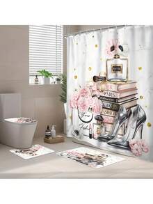 1/4 Pcs Book High Heel Floral Shower Curtain Set, Fashionable Pattern Decorative Shower Curtain, Washable Polyester Shower Curtain Set With 12 Hooks, Non-Slip Bathroom Rug, U-Shaped Toilet Lid, Polyester Shower Curtain Bathroom Decor