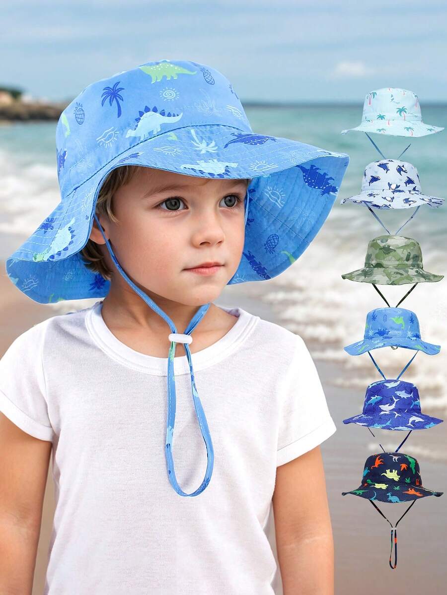 1 pieza Sombrero de cubo con protección solar y estampado de dibujos animados para niños, liviano y transpirable, sombrero de playa, sombrero de cubo para uso diario, gran regalo para niños - Sombrero de pescador estampado - Ver 1