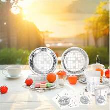 75pcs Silver Disco Party Disposable Tableware Set, Includes 7-Inch Plates, Cups, Napkins With Silver Disco Ball Pattern, Suitable For Disco Parties, Theme Parties, Birthdays, Events, Outdoor Gatherings, And Dining