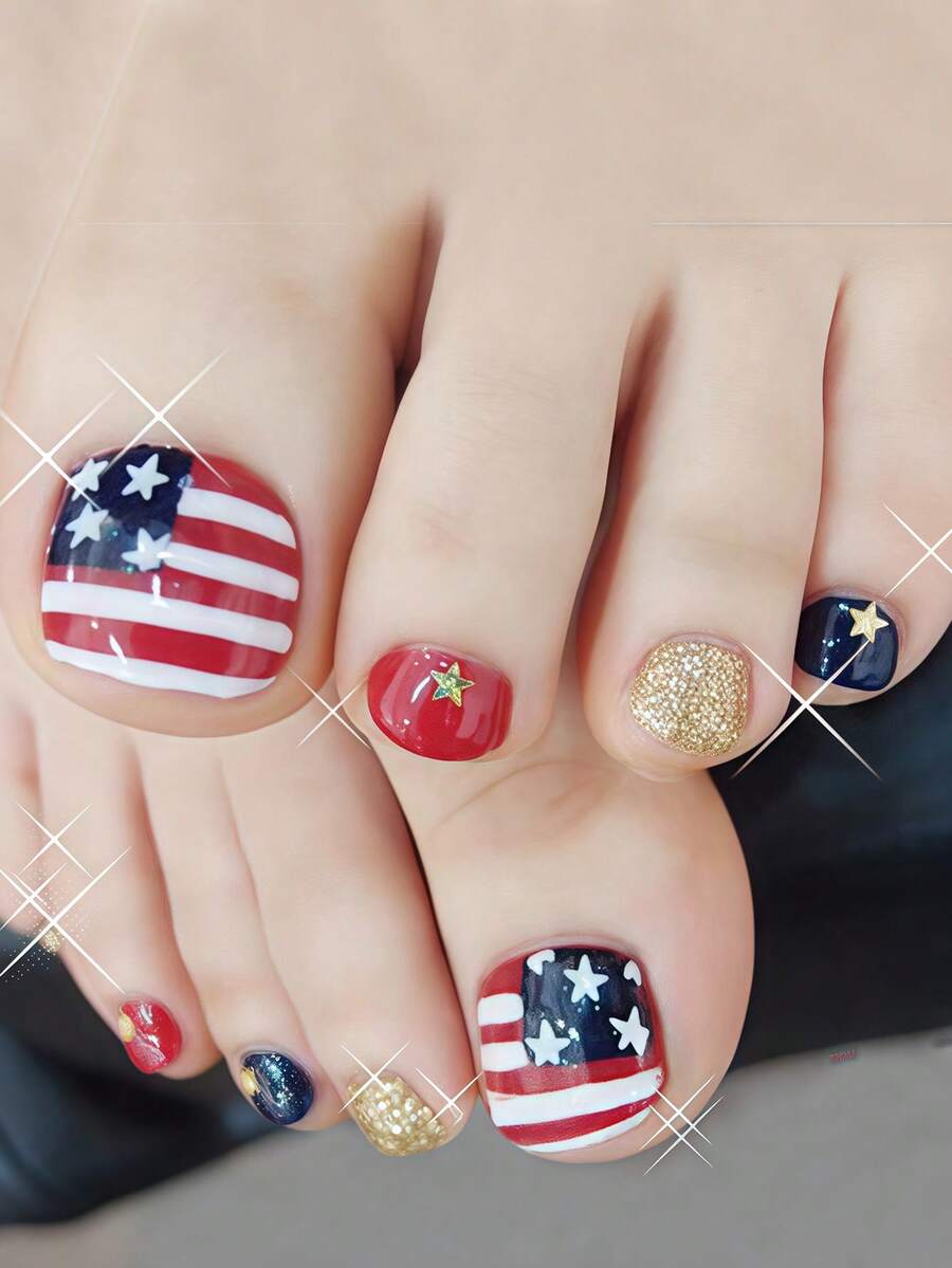24pcs Short Square Press-On Nails With Patriotic Flag - Toe Nail Art - Festive And Bold, Perfect For Independence Day Celebrations And Patriotic Fashion Lovers - Multicolor - View 1