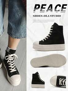 1 Pair Solid Color Casual Punk Preppy Vintage Style Lace-Up High-Top Canvas Shoes, Thick Sole, Suitable For Party, Office, All Seasons - Black - View 6