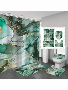 1/4 Pcs Blue & Green Marble Pattern Bathroom Set, Waterproof Shower Curtain With 12 Hooks, U-Shaped Rug, Toilet Lid Cover, L-Shaped Mat, Beautiful Bathroom Decor Accessories Fall Decor Bathroom Accessories Back To School