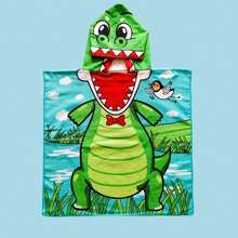 1 件适合儿童的卡通浴袍，尺寸 60 厘米 * 120 厘米，可铺开当毯子，涤纶制成，带塑料按扣，吸水速干沙滩巾，可爱卡通幼儿游泳袍