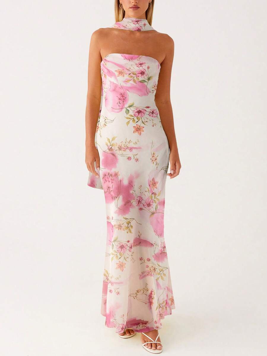 Womens Floral Strapless Dress Y2k Backless Sleeveless Tube Maxi Long Dresses Sexy Mesh Bodycon Summer Beachwear - 淺粉色 - 查看 1