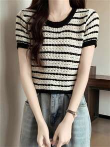 女士夏季时尚黑白条纹针织上衣，宽松女孩时尚短袖 - 黑與白 - 查看 3